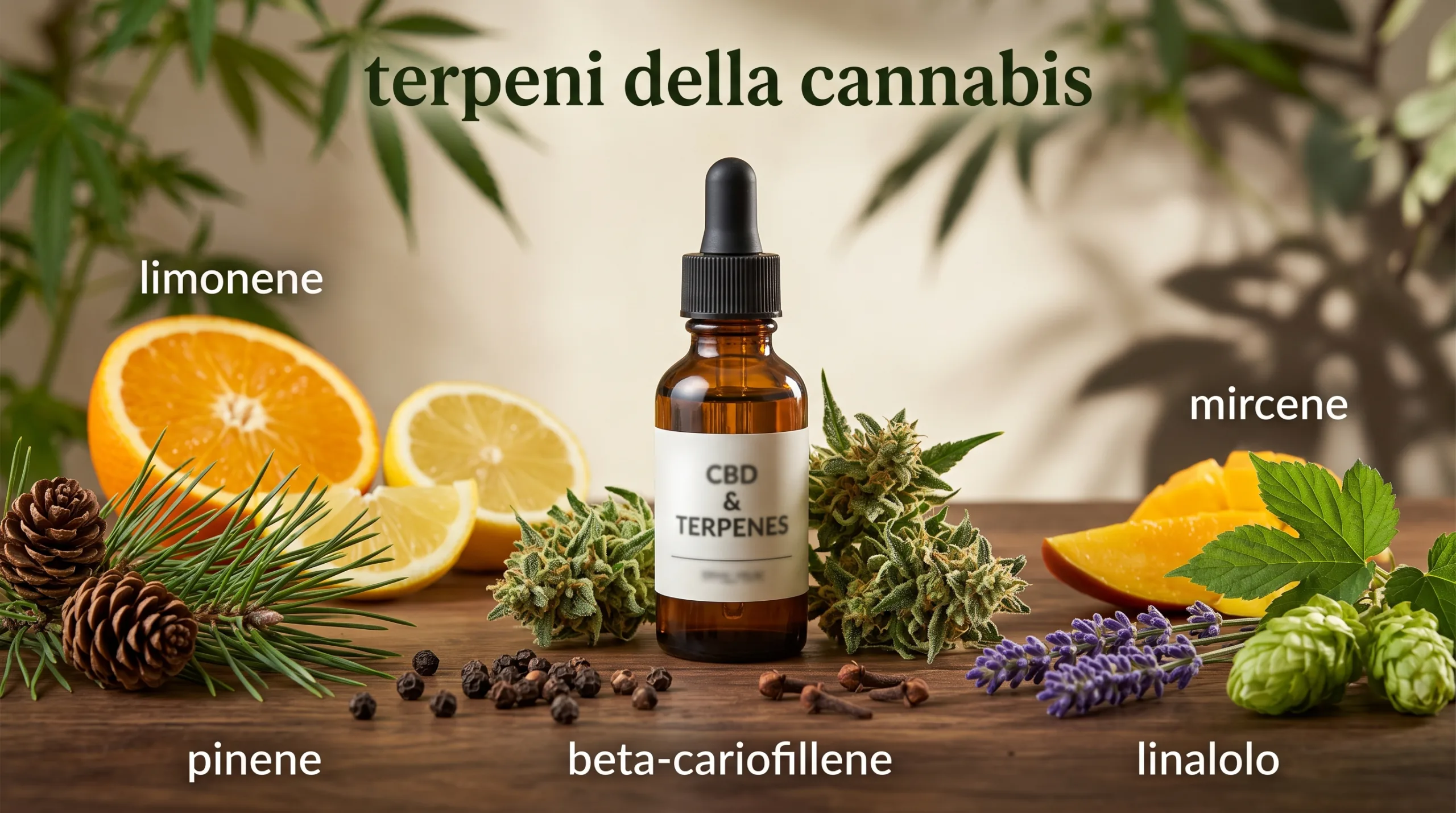 Boccetta contagocce in vetro scuro di estratto con infiorescenze di canapa, agrumi, aghi di pino, pepe nero, lavanda e mango su un tavolo in legno per illustrare i principali terpeni della cannabis.
